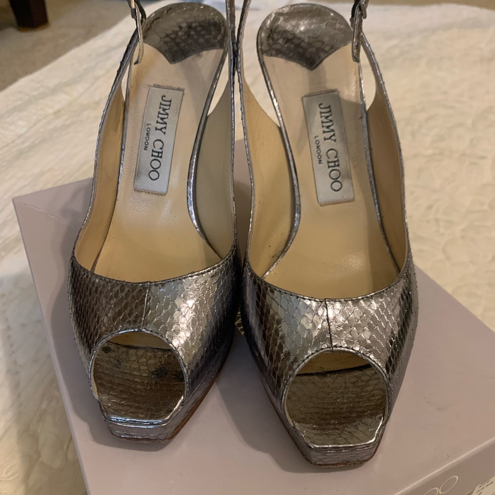 Jimmy Coo silver snake sling back platform heel